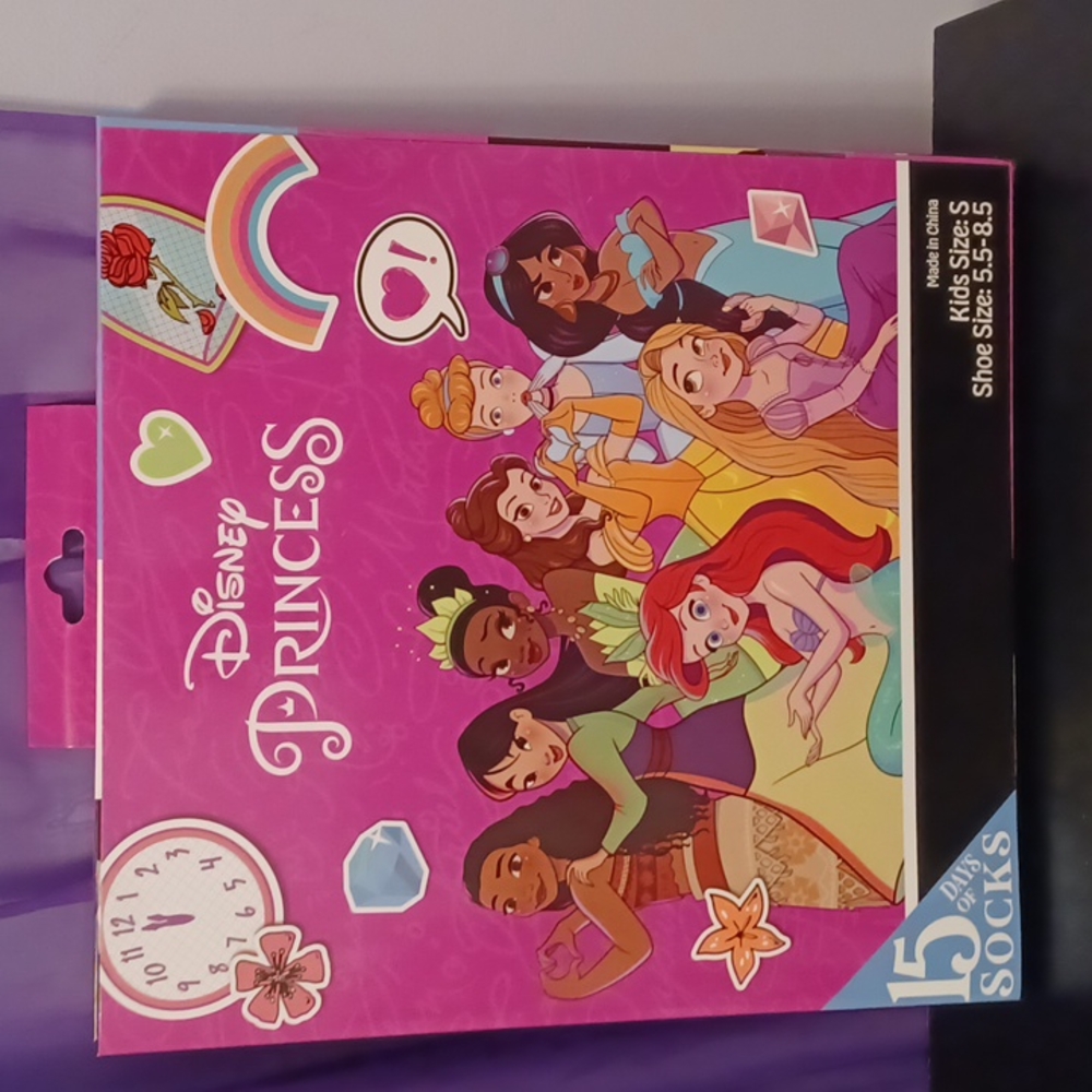 New Kids Disney Princess 15 Days Of Socks Advent Calendar S Fits Shoe Size 5.5-8